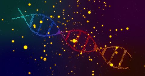 Colorful DNA Strand with Glowing Particles on Gradient Background