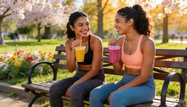 Two hispanic women sharing colorful smoothies on park bench, smiling after workout