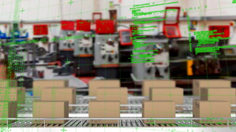 Digital Data Overlay on Conveyor Belt with Packages in Warehouse