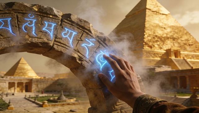 Hand activating glowing blue runes on ancient stone arch with golden pyramid backdrop