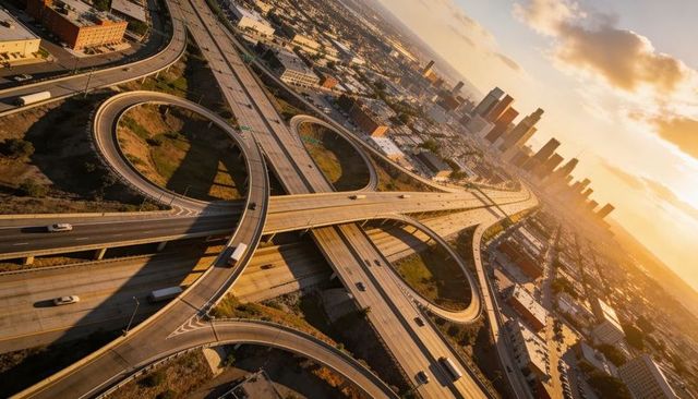 Sunset aerial urban highway interchange with cloverleaf ramps and downtown skyline