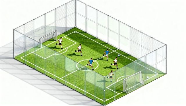 Isometric small-sided soccer pitch with enclosed glass fencing, teams running and keeper