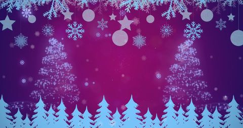 Christmas Tree Silhouettes with Snowflakes on Purple Background
