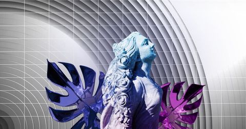 Digital art with surreal statue and colorful wings