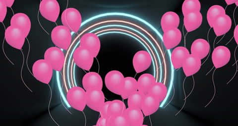 Pink Balloons Floating Over Neon Archway at Night