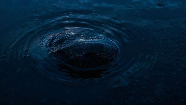 Dusk rock emerging from dark water creating concentric ripples and moody blue reflection