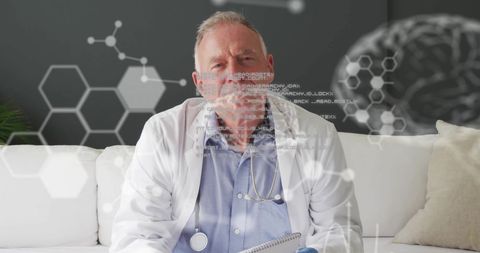 Caucasian Doctor Analyzing Scientific Data Overlay on Tablet