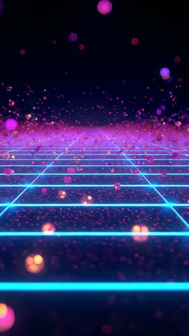 Vertical neon grid emerging in virtual void summoning magenta orange floating particles