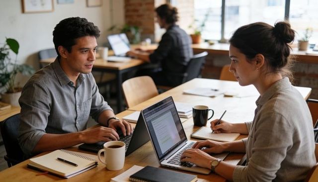 Colleagues Collaborating on Laptops at Wooden Desk in Bright Coworking Office