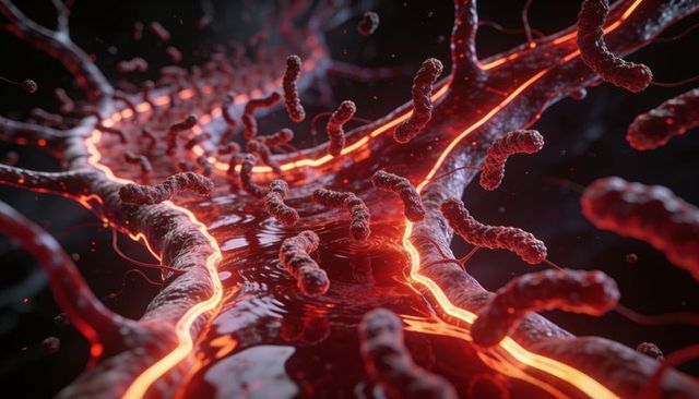 Luminescent bacteria colonizing microvessel, glowing vascular channels, microscopic biofilm