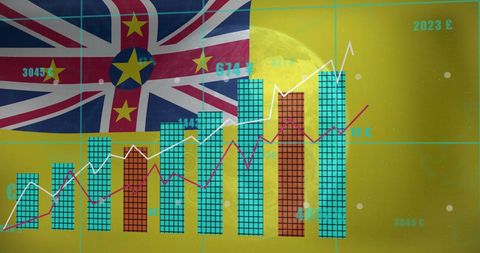 Financial Trends Over Niue Flag with Moon: Economic Growth Insight