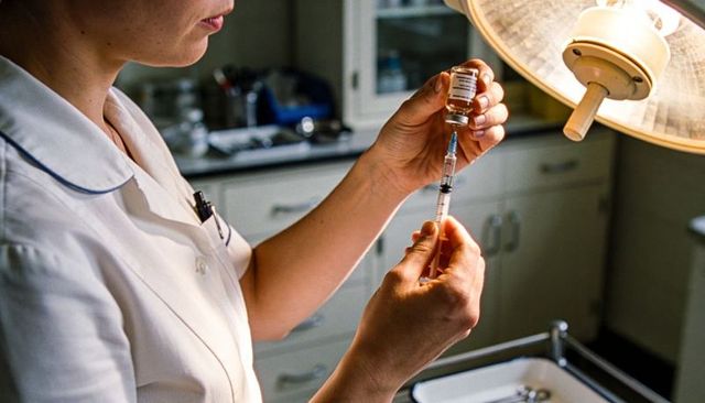 Nurse preparing injection drawing vaccine from vial under clinical lamp