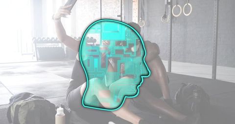 Turquoise circuit brain overlaying friends taking gym selfie, post-workout tech connection