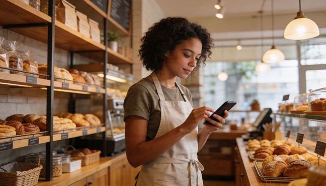 Bakery worker checking smartphone while organizing fresh pastries on rustic wooden counter