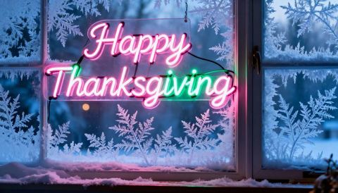 Glowing happy thanksgiving neon sign hanging in frosted window with snowy ice crystals
