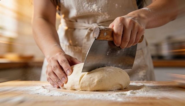 Artisan baker cutting dough with bench scraper on floured wooden board in sunlit kitchen