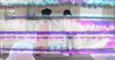 Decorating pastel baby shower table with cake balloons friends preparing home celebration