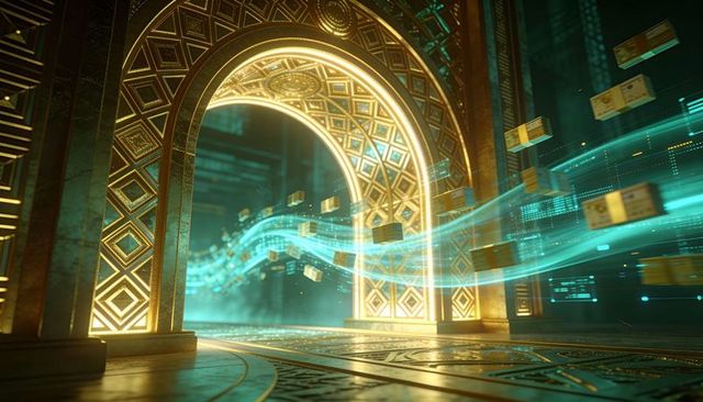 Golden arch emitting cyan holographic data ribbon through opulent filigree gateway