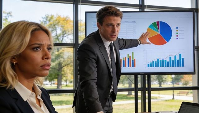 Executive presenting business data on large screen with colleague reacting in corporate boardroom