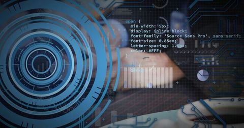 Male hands typing on laptop keyboard with cybersecurity HUD and neon blue analytics