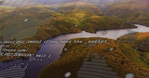 Aerial reservoir with winding shoreline and digital code overlay, double exposure landscape
