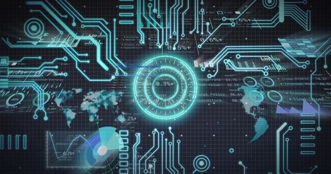 Holographic hud with rotating rings and neon teal data streams for analytics ui