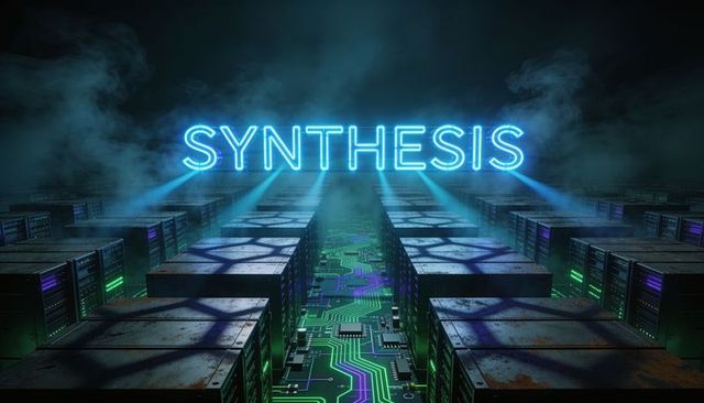 Glowing synthesis neon sign over futuristic server farm with circuitry floor and fog