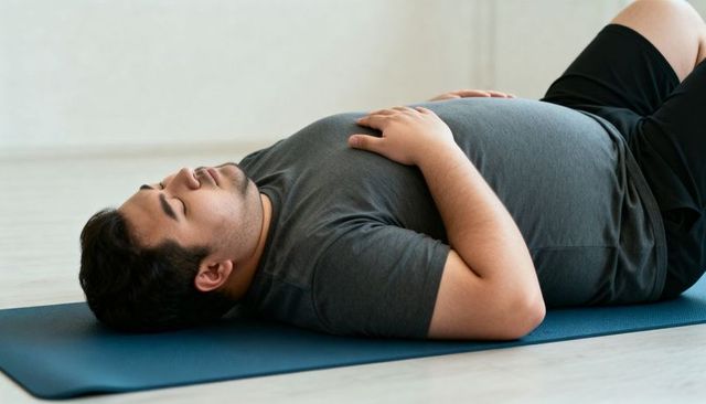 Overweight man practicing deep relaxation lying on yoga mat at home studio