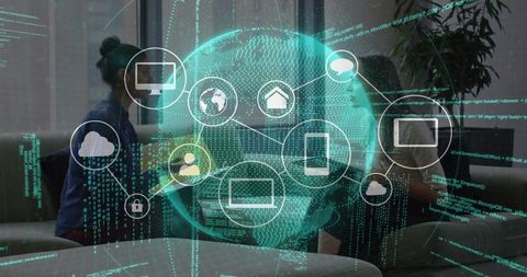 Colleagues collaborating over holographic globe with network icons and code overlay