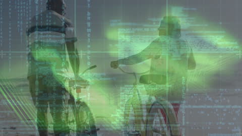 Abstract Digital Technology Overlay on Cyclists at Sunset Beach
