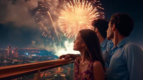 Friends Admiring Fireworks Display Over City at Night