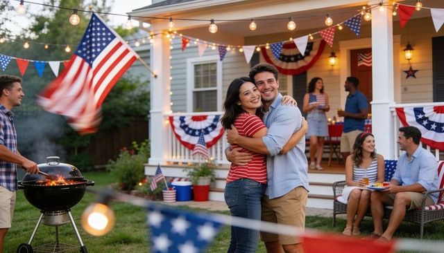 Couple hugging and smiling at backyard fourth of july barbecue with patriotic decorations