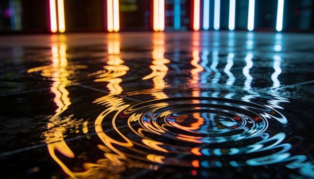 Neon ripple reflections on wet glossy tile with led tube lights, urban night texture