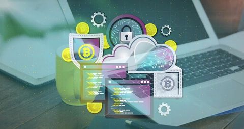 Cloud cybersecurity protecting cryptocurrency and fintech with blockchain icons over laptop
