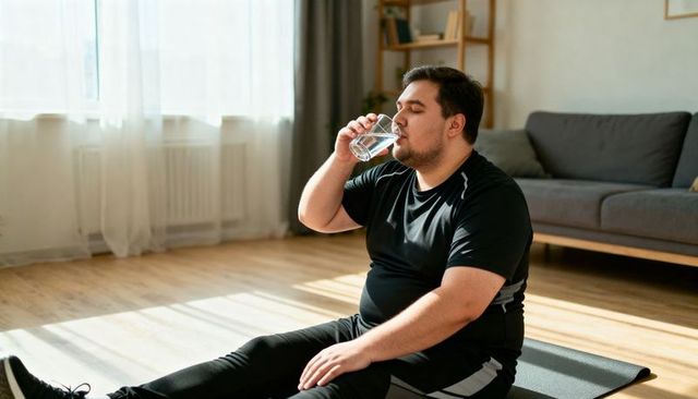 Overweight man drinking water after home workout on mat in sunlit living room