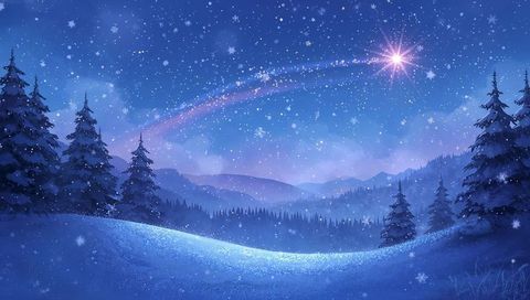 Glowing snowy hill under shooting star with comet trail in moonlit pine forest nightscape
