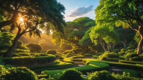Serene botanical garden with winding pathways and lush foliage at sunset, garden of eden concept