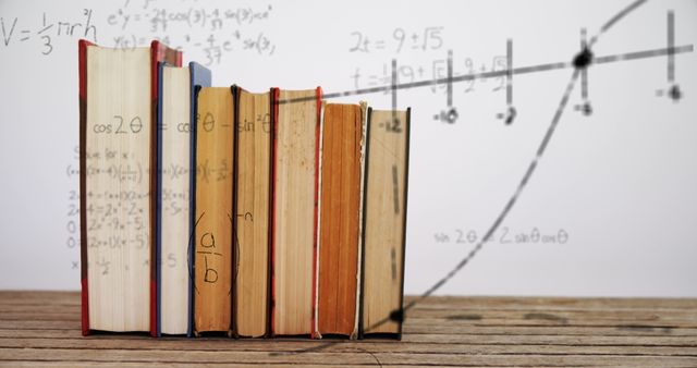 Front row of worn books standing upright on wooden table with math formulae and graph sketched on white background. Idea for use in educational materials, math learning initiatives, academic presentations or introductory images for educational websites.