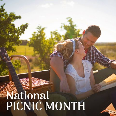 romantic couple enjoying picnic outdoors for national picnic month - Download Free Stock Templates Pikwizard.com