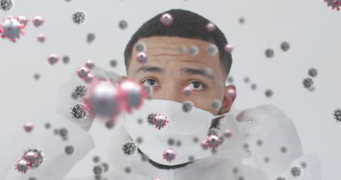 Man with Face Mask Amidst 3D Animated Virus Particles