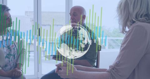 Seniors engaged in group discussion with digital tech overlay