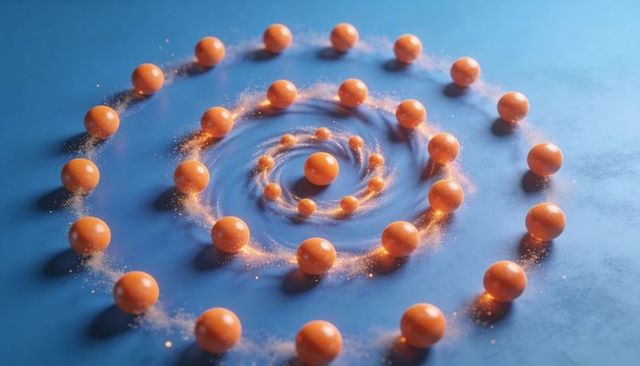 Glossy orange spheres spiraling around central orb with glitter trail on blue surface