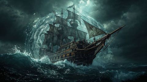 Dramatic sailing pirate ship braving raging sea under stormy skies
