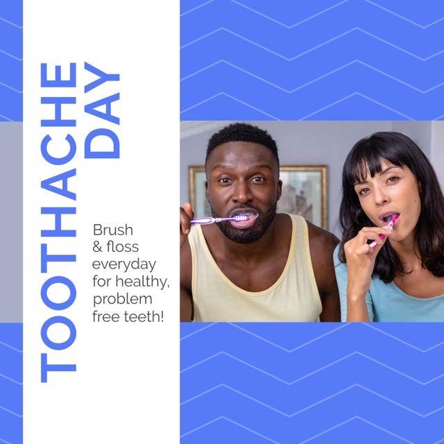 Composition of toothache day text over diverse couple brushing teeth. Toothache day and celebration concept digitally generated image.