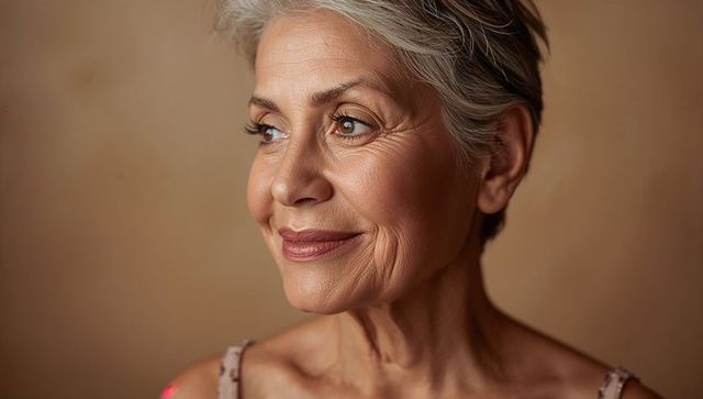 Confident mature woman smiling in warm portrait with short gray hair, radiant skin