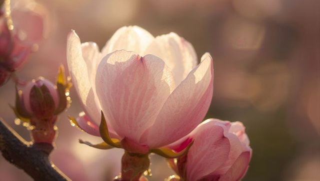 Pale Pink Magnolia Blossom Backlit at Golden Hour, Closeup with Dew Droplets on Branch