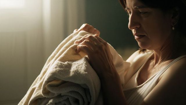 Middle-aged woman smoothing soft towels near sunlit window wearing wedding ring linen care