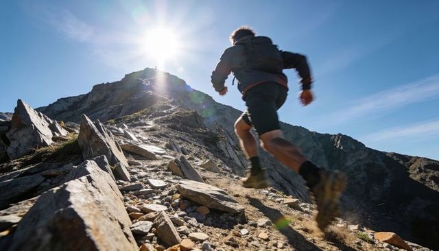 Trail runner sprinting up sunlit rocky alpine ridge wearing backpack and rugged trail shoes