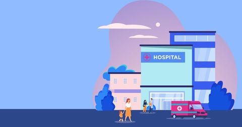 Modern hospital exterior with medical illustrations and ambulance