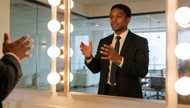 Practicing presentation at lighted vanity mirror in office dressing room in suit and tie